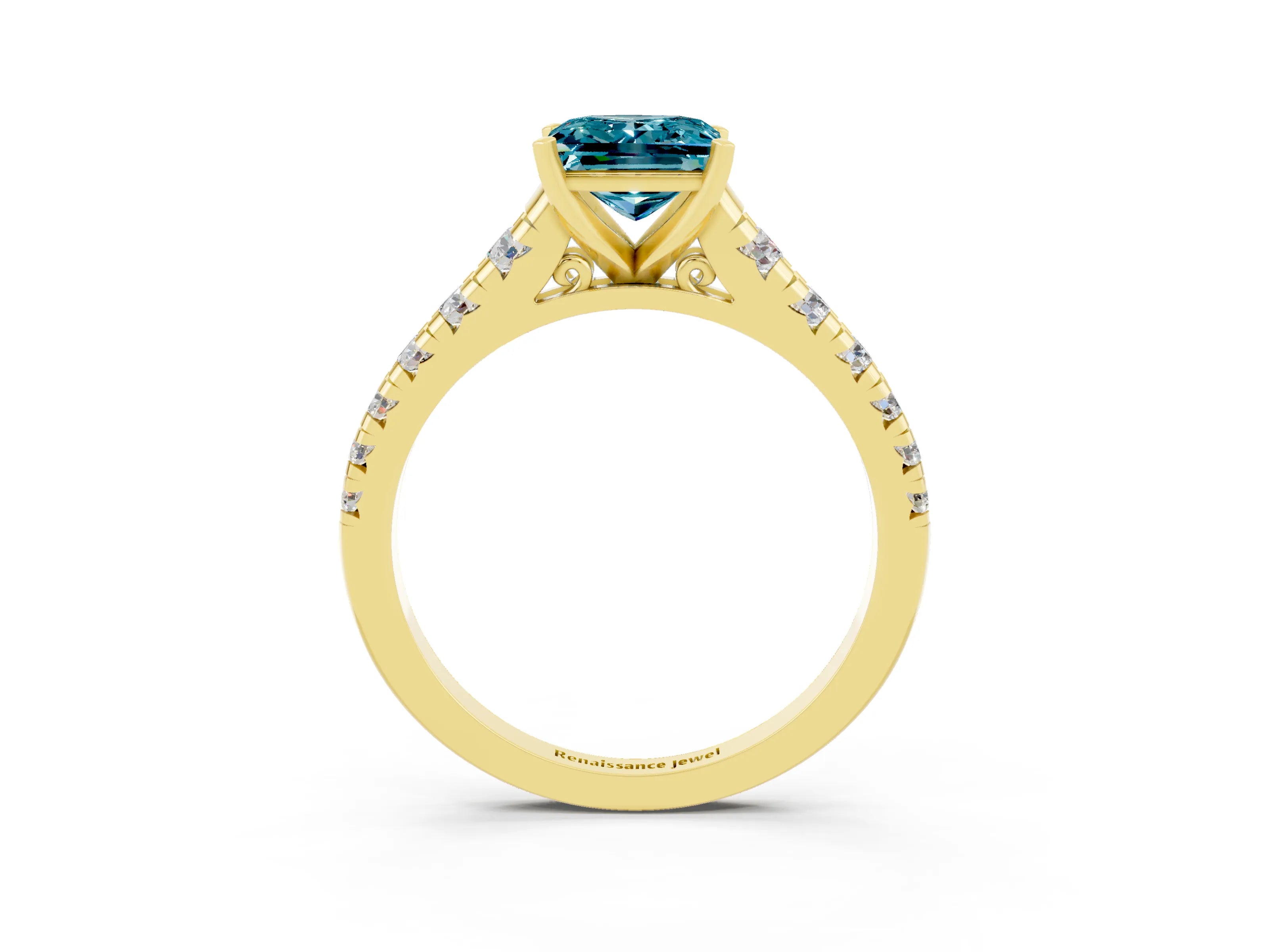 Yellow gold Princess Cut Blue Topaz Solitaire Ring with Cathedral Setting and Pavé Band_3