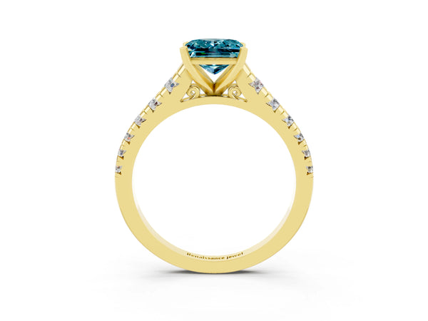 Yellow gold Princess Cut Blue Topaz Cathedral Solitaire Ring with Round  Pavé Band