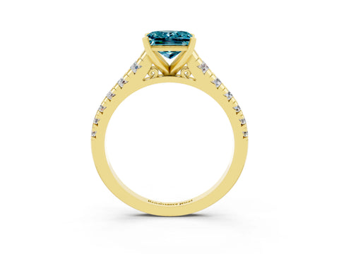 Yellow gold Princess Cut Blue Topaz Solitaire Ring with Cathedral Setting and Pavé Band_3