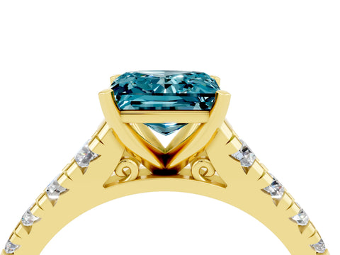 Yellow gold Princess Cut Blue Topaz Solitaire Ring with Cathedral Setting and Pavé Band_4