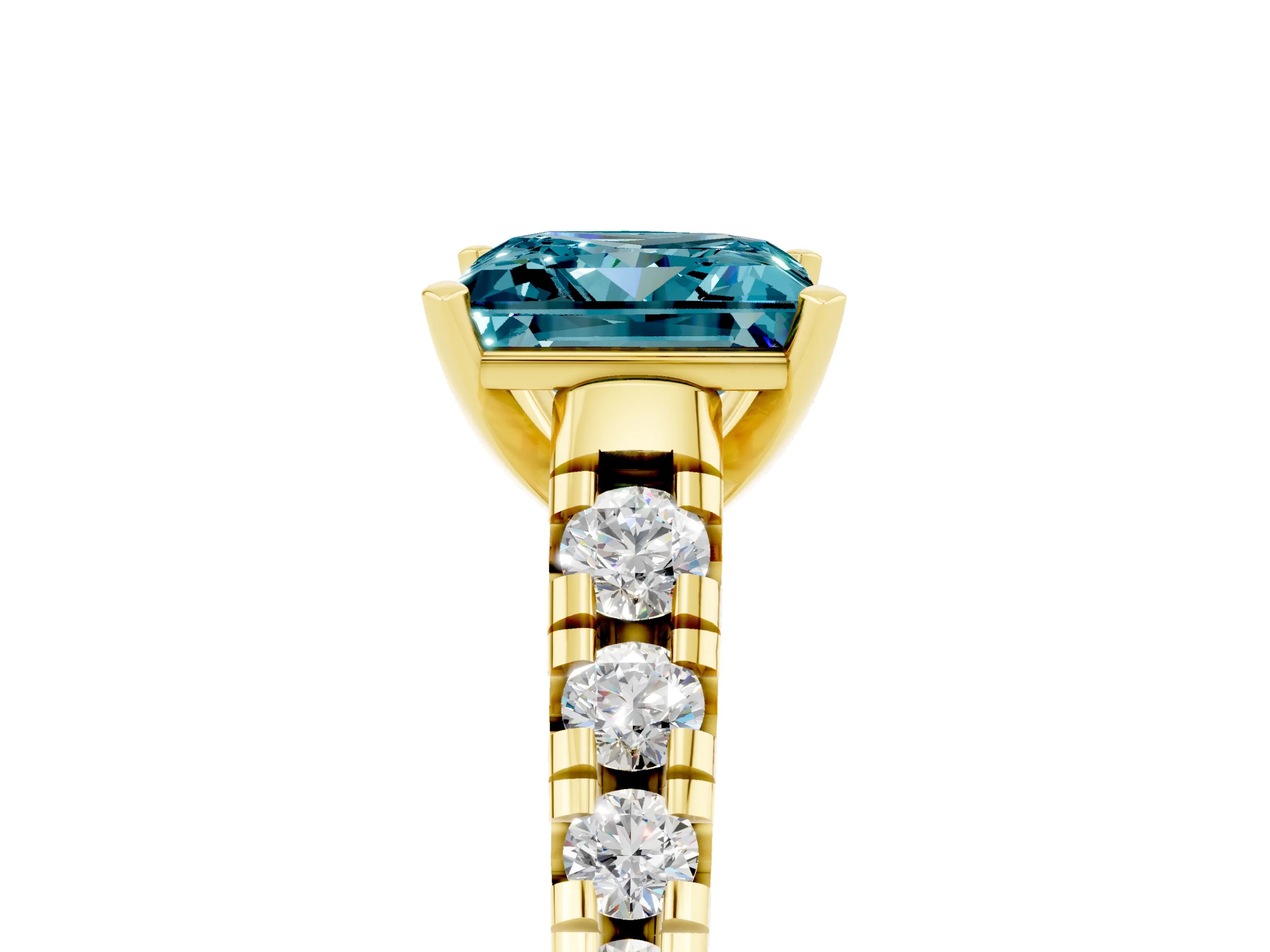Yellow gold Princess Cut Blue Topaz Solitaire Ring with Cathedral Setting and Pavé Band_5