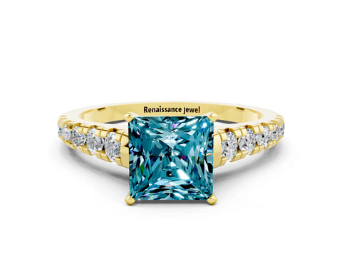 Yellow gold Princess Cut Blue Topaz Solitaire Ring with Cathedral Setting and Pavé Band
