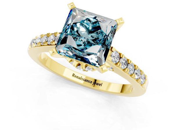 Yellow gold Princess Cut Blue Topaz Solitaire Ring with Crossover Gallery and Round  Pavé Band