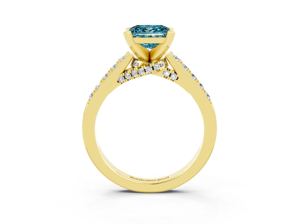 Yellow gold Princess Cut Blue Topaz Solitaire Ring with Crossover Gallery and Round  Pavé Band