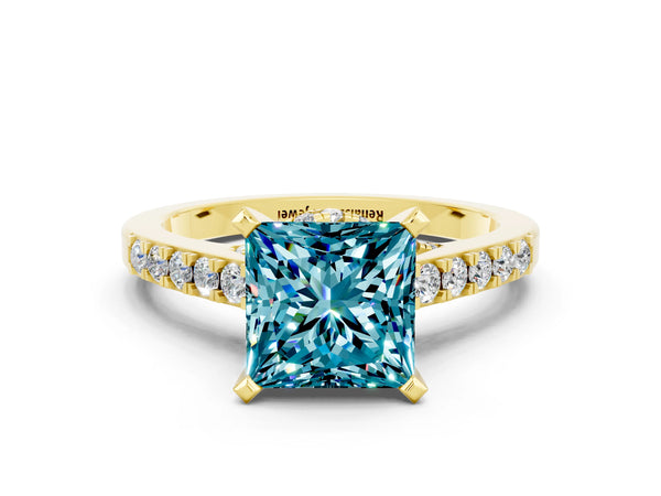 Yellow gold Princess Cut Blue Topaz Solitaire Ring with Crossover Gallery and Round  Pavé Band