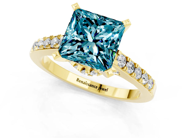 Yellow gold Princess Cut Blue Topaz Solitaire Ring with Crossover Gallery and Round  Pavé Band