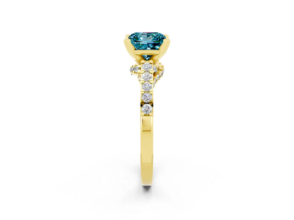 Yellow gold Princess Cut Blue Topaz Solitaire Ring with Crossover Gallery and Round  Pavé Band