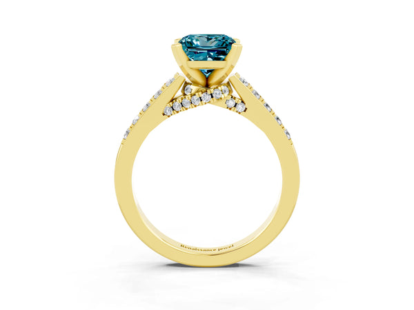 Yellow gold Princess Cut Blue Topaz Solitaire Ring with Crossover Gallery and Round  Pavé Band