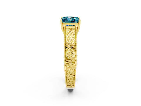 Yellow gold Princess Cut Blue Topaz Solitaire Ring with Engraved Band and Four-Prong Setting_2
