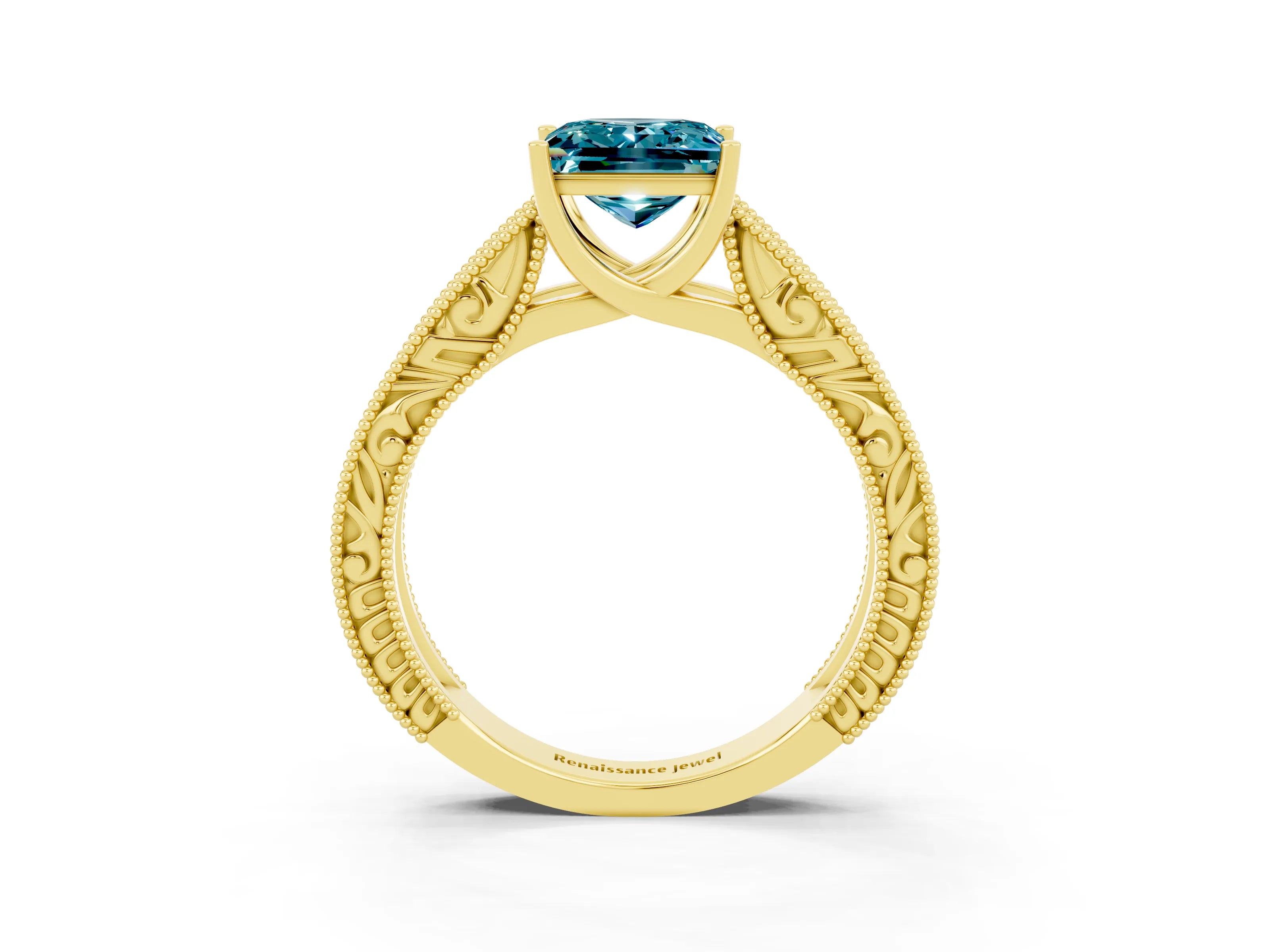 Yellow gold Princess Cut Blue Topaz Solitaire Ring with Engraved Band and Four-Prong Setting_3