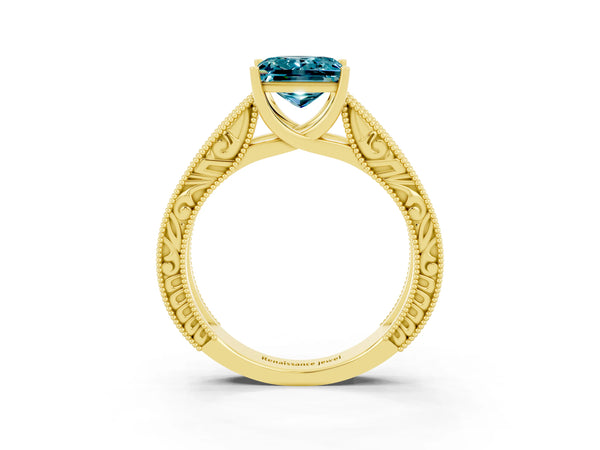 Yellow gold Princess Cut Blue Topaz Solitaire Ring with Engraved Band and Four-Prong Setting
