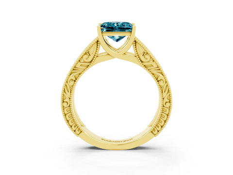 Yellow gold Princess Cut Blue Topaz Solitaire Ring with Engraved Band and Four-Prong Setting_3