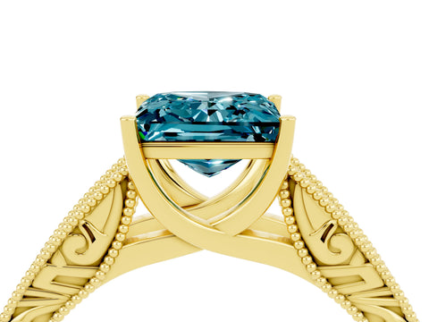 Yellow gold Princess Cut Blue Topaz Solitaire Ring with Engraved Band and Four-Prong Setting_4