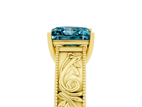 Yellow gold Princess Cut Blue Topaz Solitaire Ring with Engraved Band and Four-Prong Setting_5
