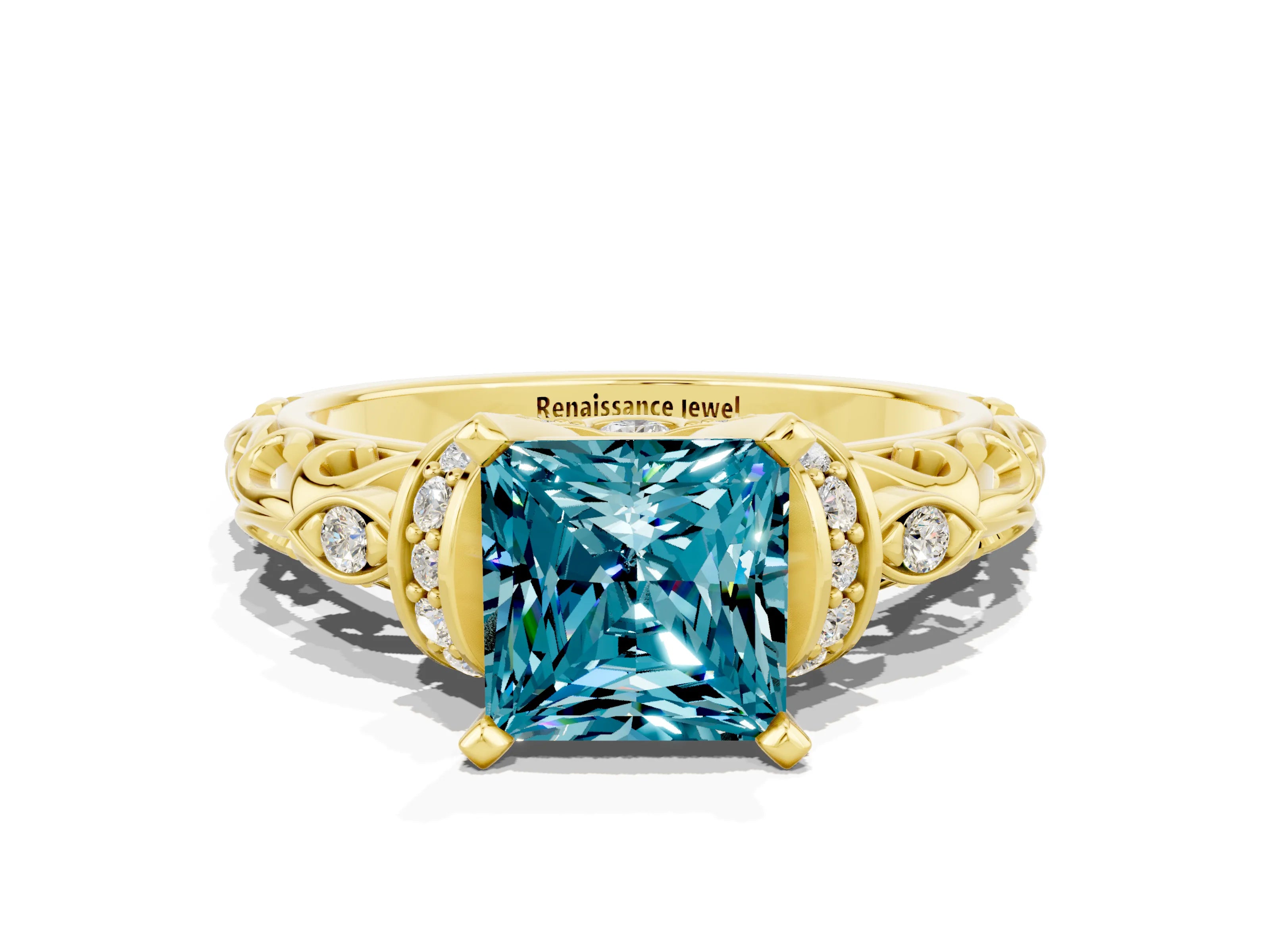 Yellow gold Princess Cut Blue Topaz Solitaire Ring with Filigree Band and Four-Prong Setting_24