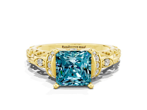 Yellow gold Princess Cut Blue Topaz Solitaire Ring with Filigree Band and Four-Prong Setting_24