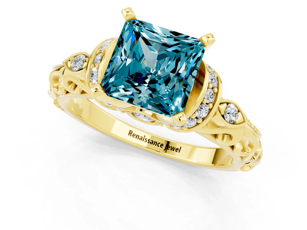 Yellow gold Princess Cut Blue Topaz Solitaire Ring with Filigree Band and Four-Prong Setting