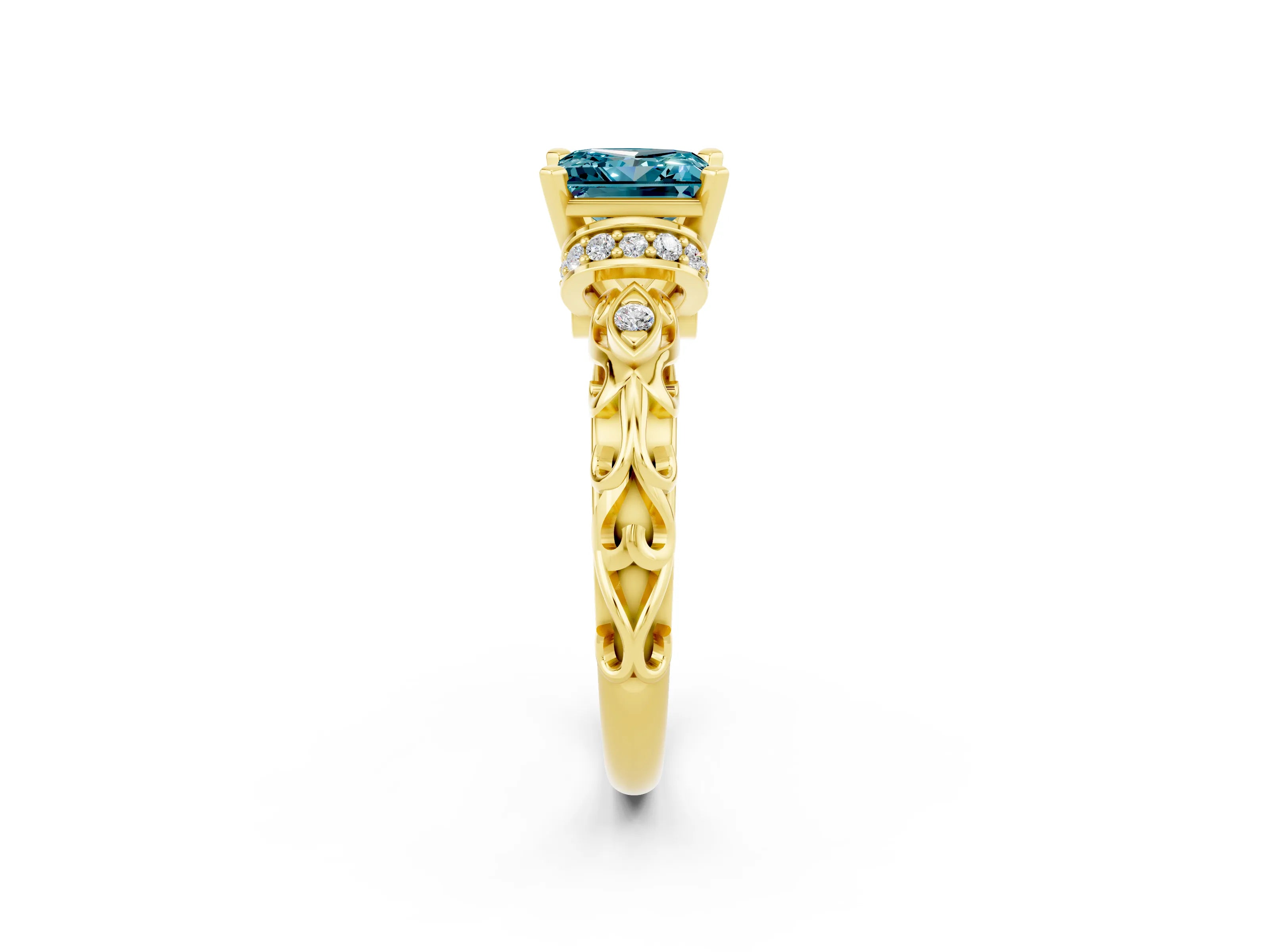 Yellow gold Princess Cut Blue Topaz Solitaire Ring with Filigree Band and Four-Prong Setting_26