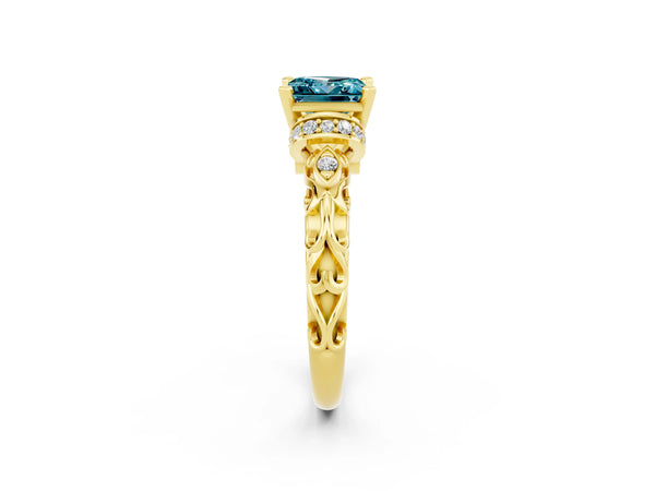 Yellow gold Princess Cut Blue Topaz Solitaire Ring with Filigree Band and Four-Prong Setting