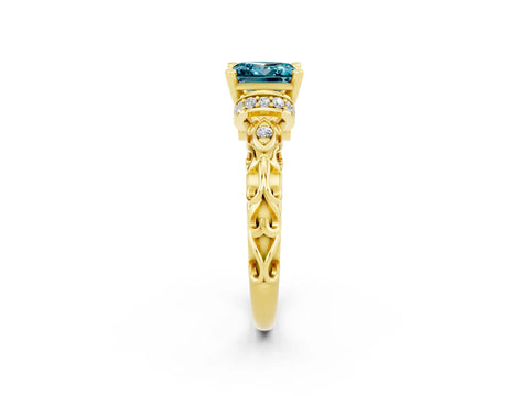 Yellow gold Princess Cut Blue Topaz Solitaire Ring with Filigree Band and Four-Prong Setting_26