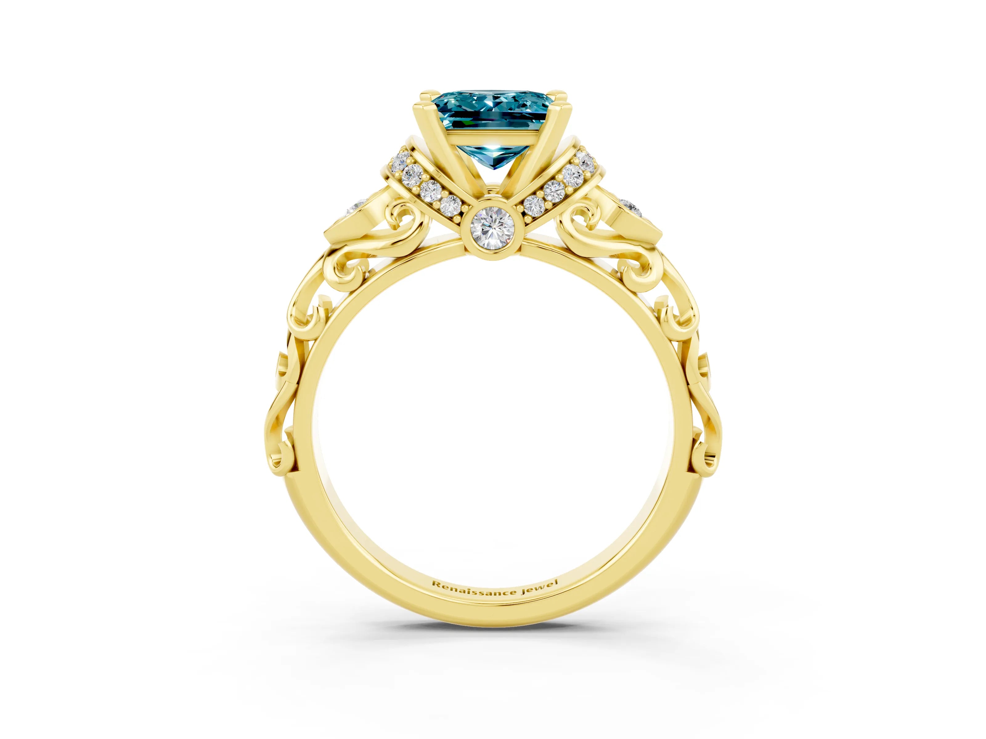 Yellow gold Princess Cut Blue Topaz Solitaire Ring with Filigree Band and Four-Prong Setting_27