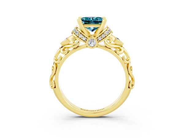 Yellow gold Princess Cut Blue Topaz Solitaire Ring with Filigree Band and Four-Prong Setting