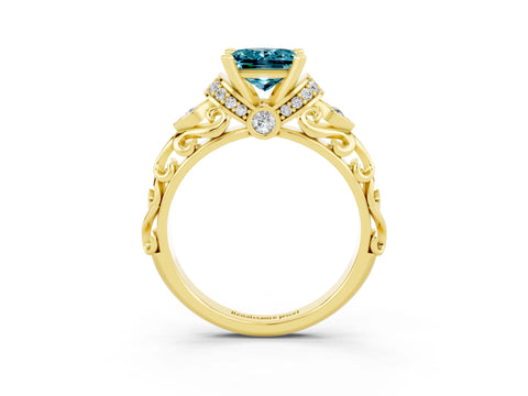 Yellow gold Princess Cut Blue Topaz Solitaire Ring with Filigree Band and Four-Prong Setting_27