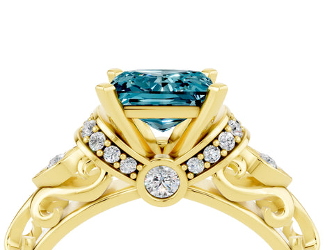 Yellow gold Princess Cut Blue Topaz Solitaire Ring with Filigree Band and Four-Prong Setting_28