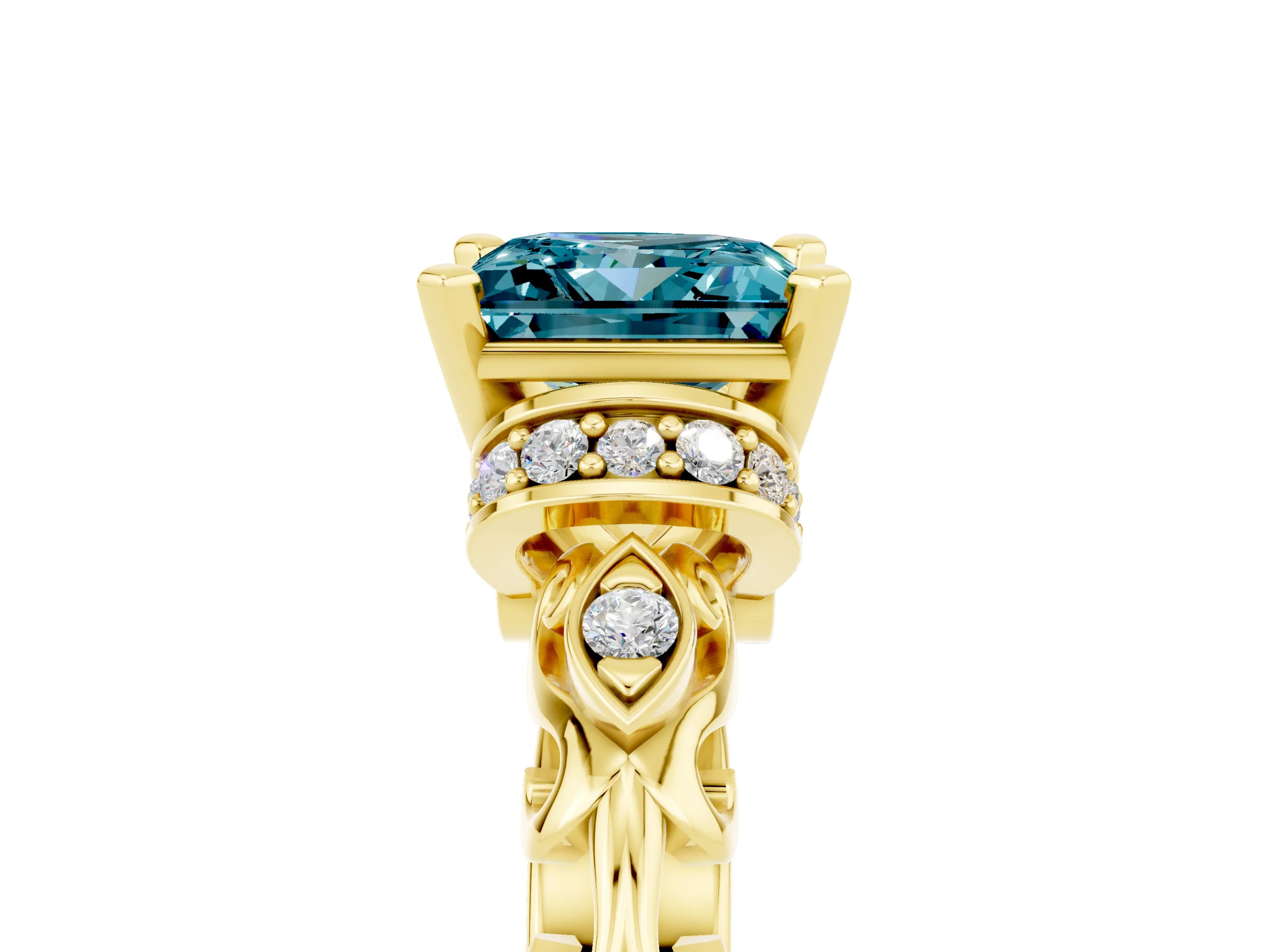 Yellow gold Princess Cut Blue Topaz Solitaire Ring with Filigree Band and Four-Prong Setting_29