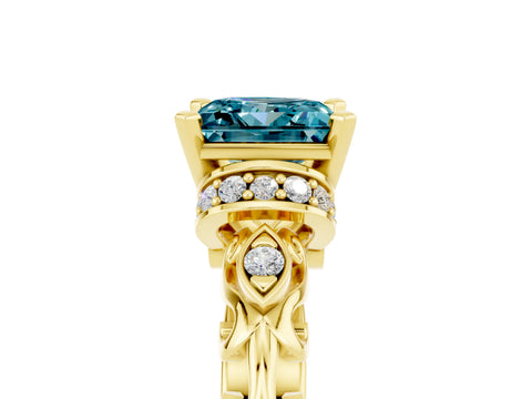 Yellow gold Princess Cut Blue Topaz Solitaire Ring with Filigree Band and Four-Prong Setting_29