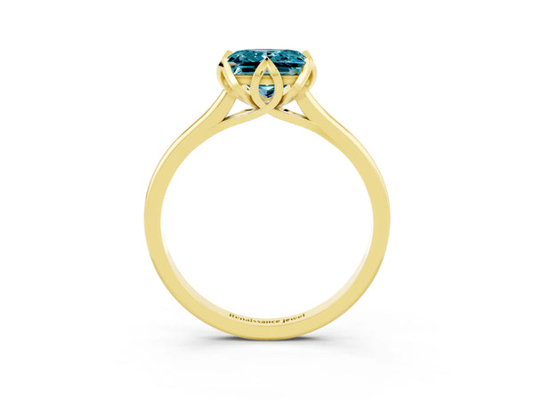 Yellow gold Princess Cut Blue Topaz Solitaire Ring with Flower Prong Setting and Classic Band