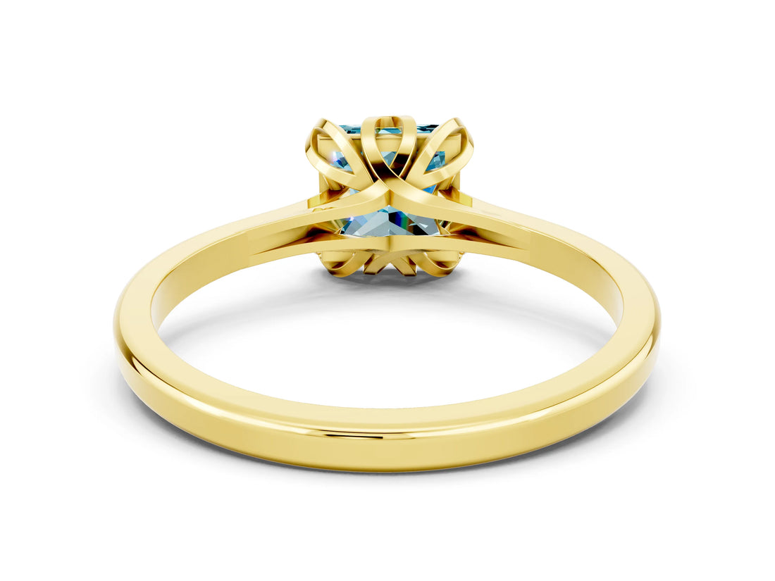 Yellow gold Princess Cut Blue Topaz Solitaire Ring with Flower Prong Setting and Classic Band_36
