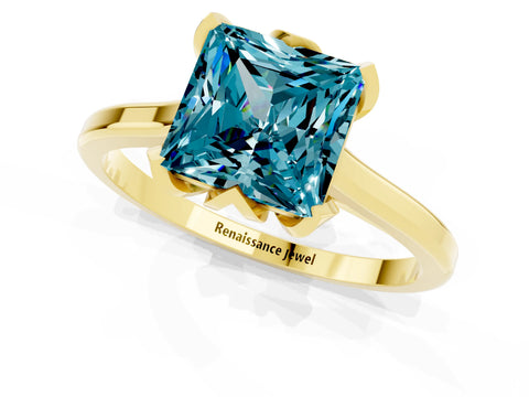 Yellow gold Princess Cut Blue Topaz Solitaire Ring with Flower Prong Setting and Classic Band_37