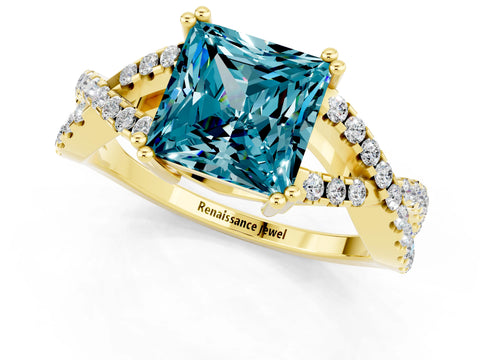 Yellow gold Princess Cut Blue Topaz Solitaire Ring with Four-Prong Setting and Twisted Pavé Band_1
