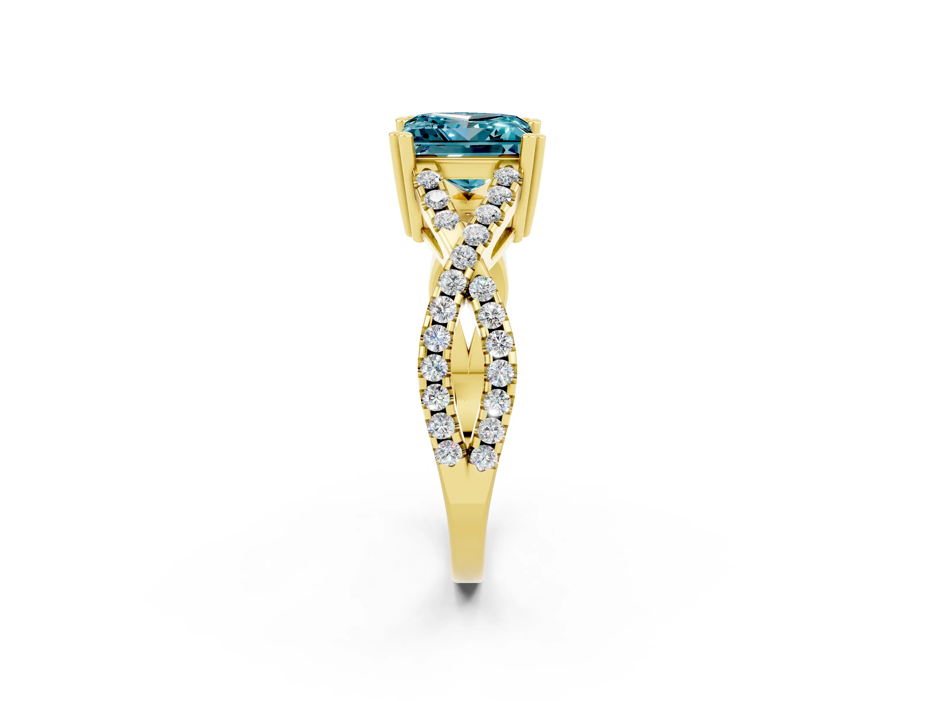 Yellow gold Princess Cut Blue Topaz Solitaire Ring with Four-Prong Setting and Twisted Pavé Band_2