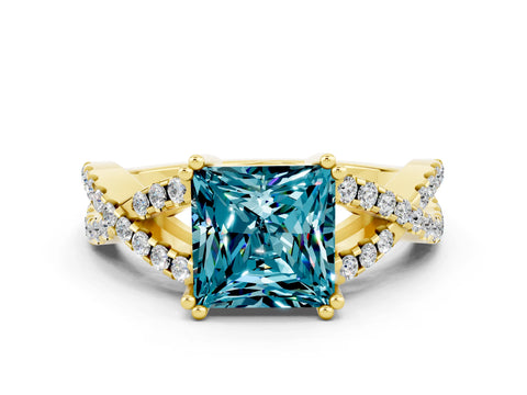 Yellow gold Princess Cut Blue Topaz Solitaire Ring with Four-Prong Setting and Twisted Pavé Band