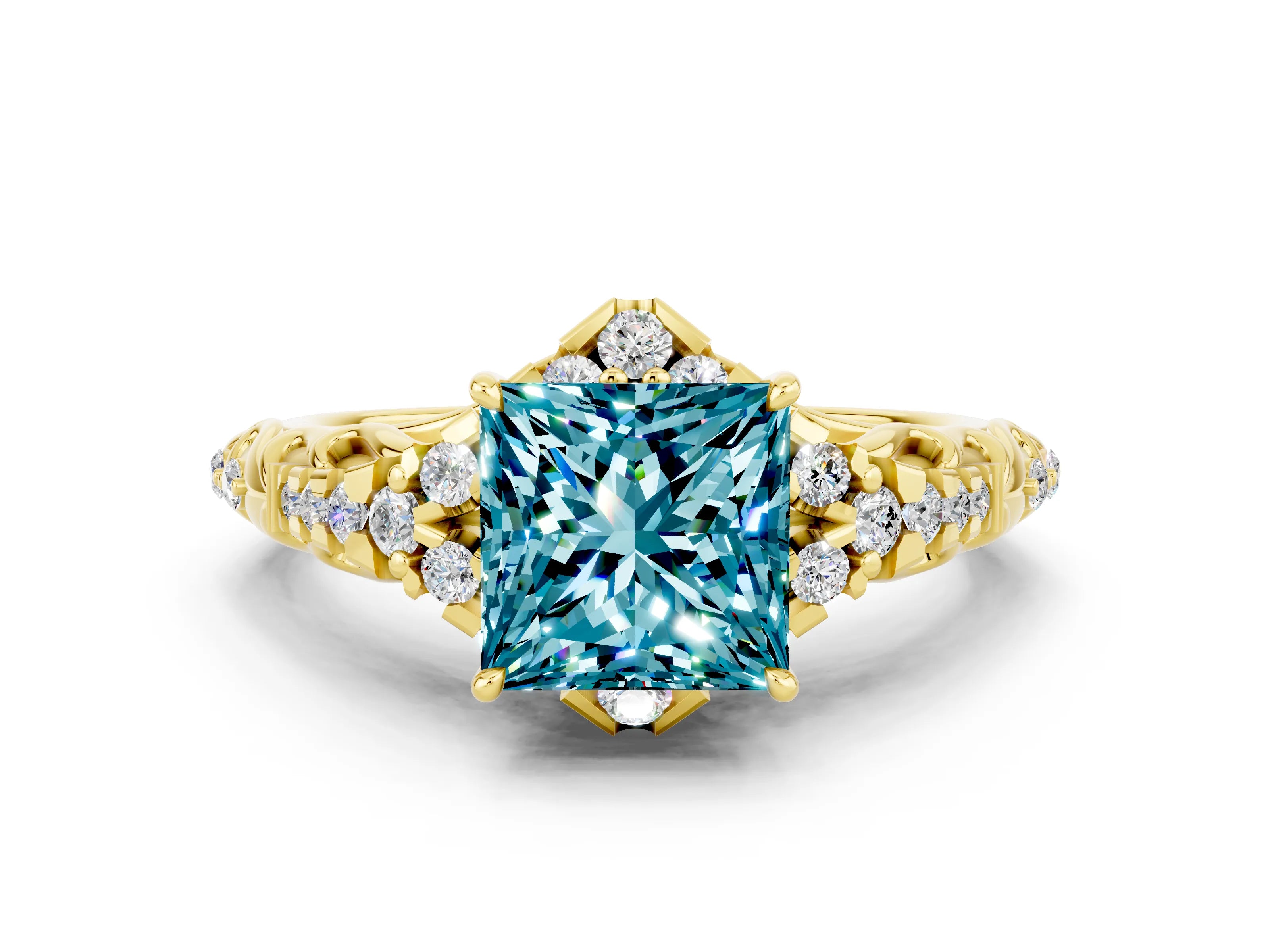 Yellow gold Princess Cut Blue Topaz Solitaire Ring with Hidden Halo and Pavé Band_12