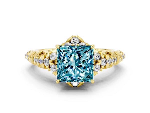 Yellow gold Princess Cut Blue Topaz Solitaire Ring with Hidden Halo and Pavé Band