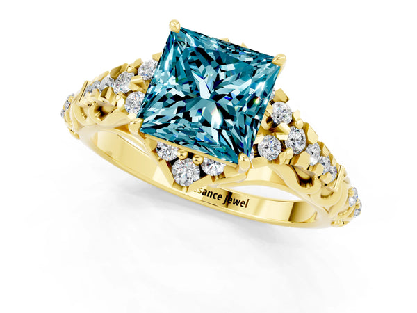 Yellow gold Princess Cut Blue Topaz Solitaire Ring with Hidden Halo and Pavé Band