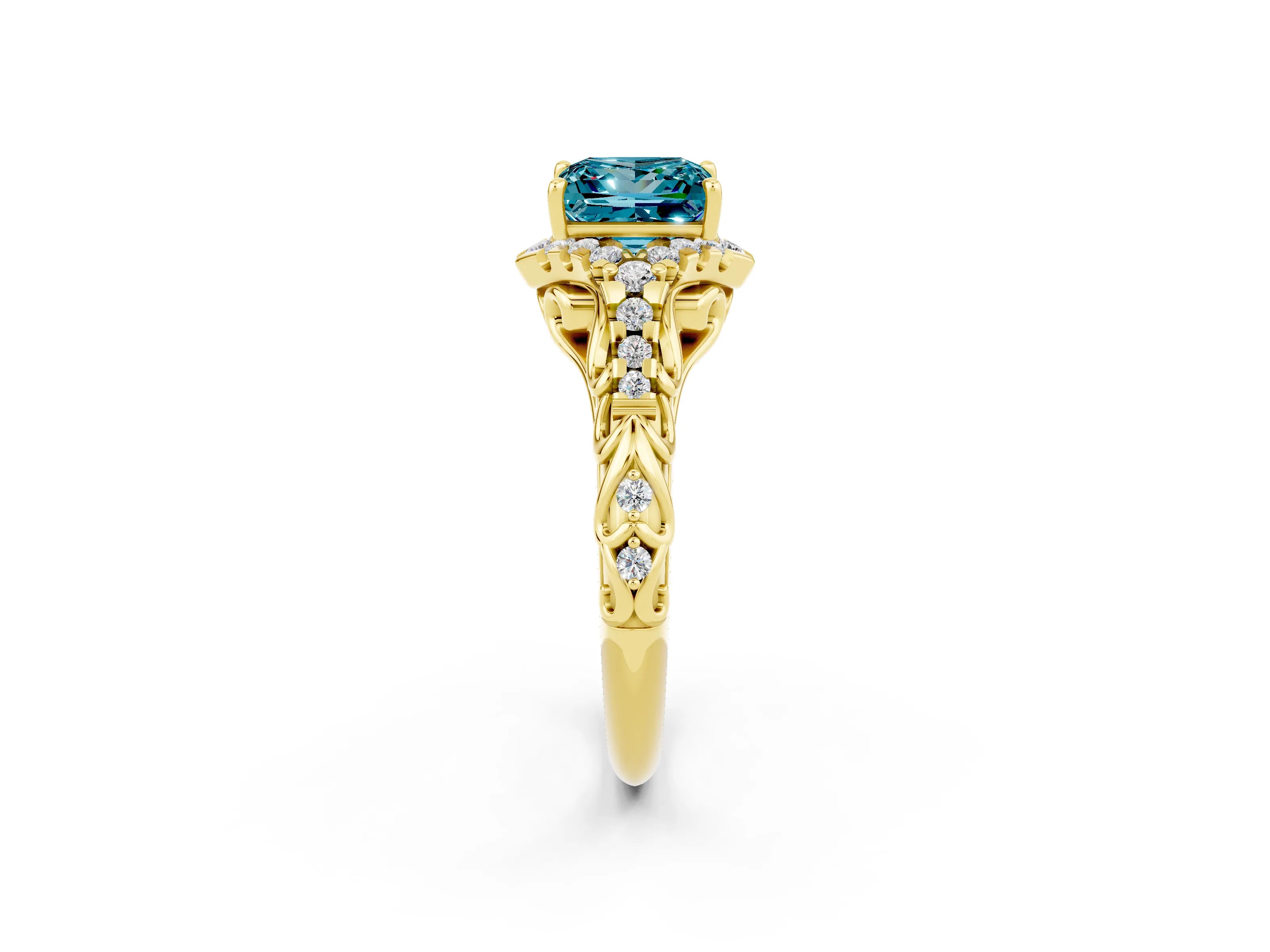 Yellow gold Princess Cut Blue Topaz Solitaire Ring with Hidden Halo and Pavé Band_14