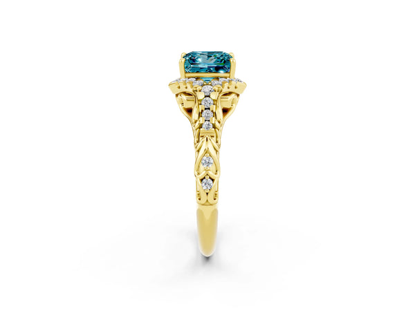 Yellow gold Princess Cut Blue Topaz Solitaire Ring with Hidden Halo and Pavé Band