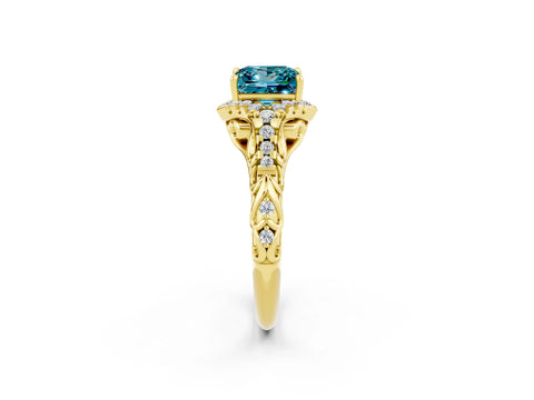 Yellow gold Princess Cut Blue Topaz Solitaire Ring with Hidden Halo and Pavé Band_14
