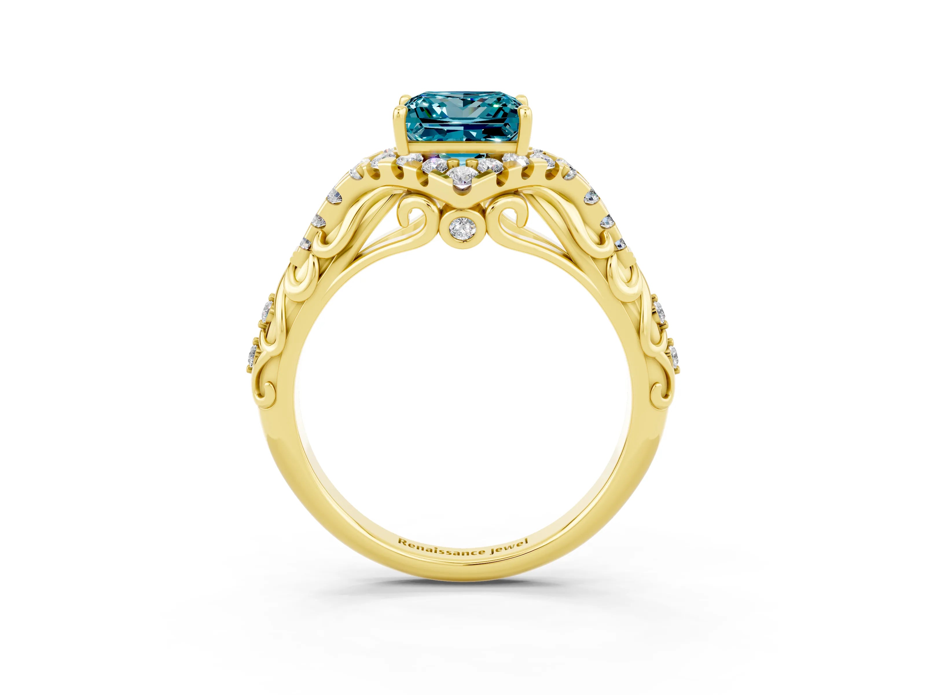 Yellow gold Princess Cut Blue Topaz Solitaire Ring with Hidden Halo and Pavé Band_15