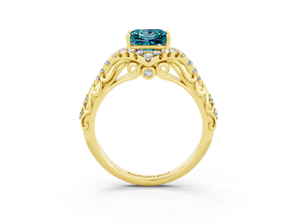 Yellow gold Princess Cut Blue Topaz Solitaire Ring with Hidden Halo and Pavé Band