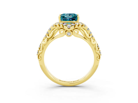 Yellow gold Princess Cut Blue Topaz Solitaire Ring with Hidden Halo and Pavé Band_15
