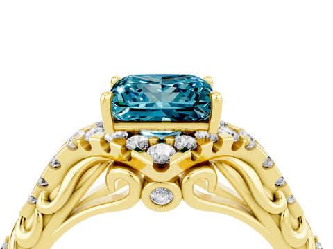 Yellow gold Princess Cut Blue Topaz Solitaire Ring with Hidden Halo and Pavé Band_16