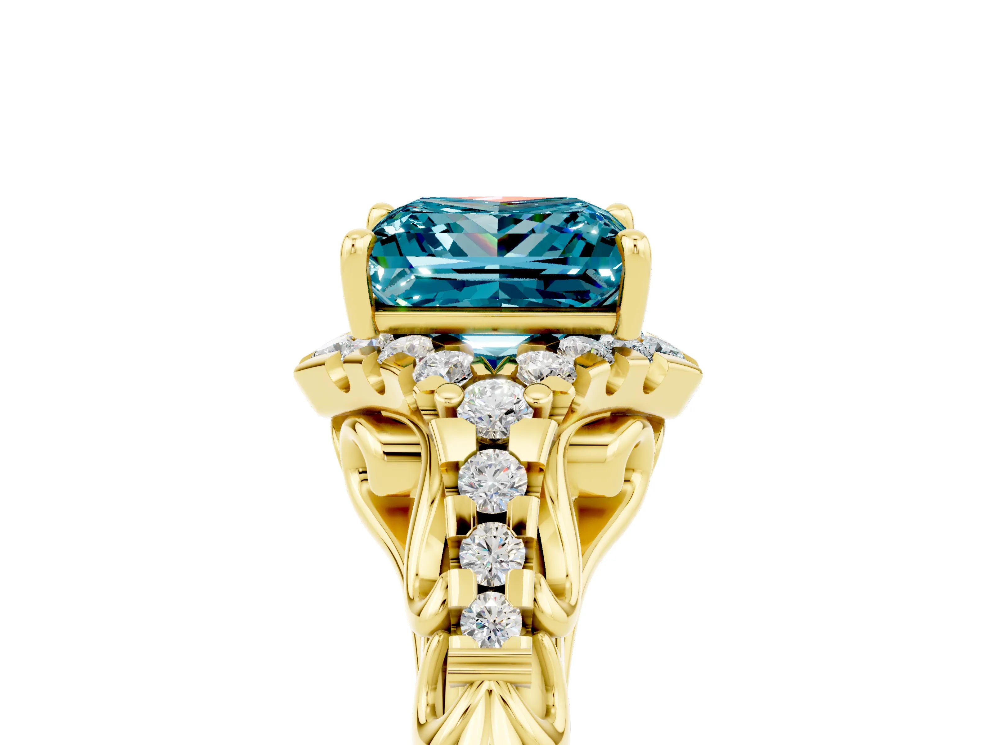 Yellow gold Princess Cut Blue Topaz Solitaire Ring with Hidden Halo and Pavé Band_17