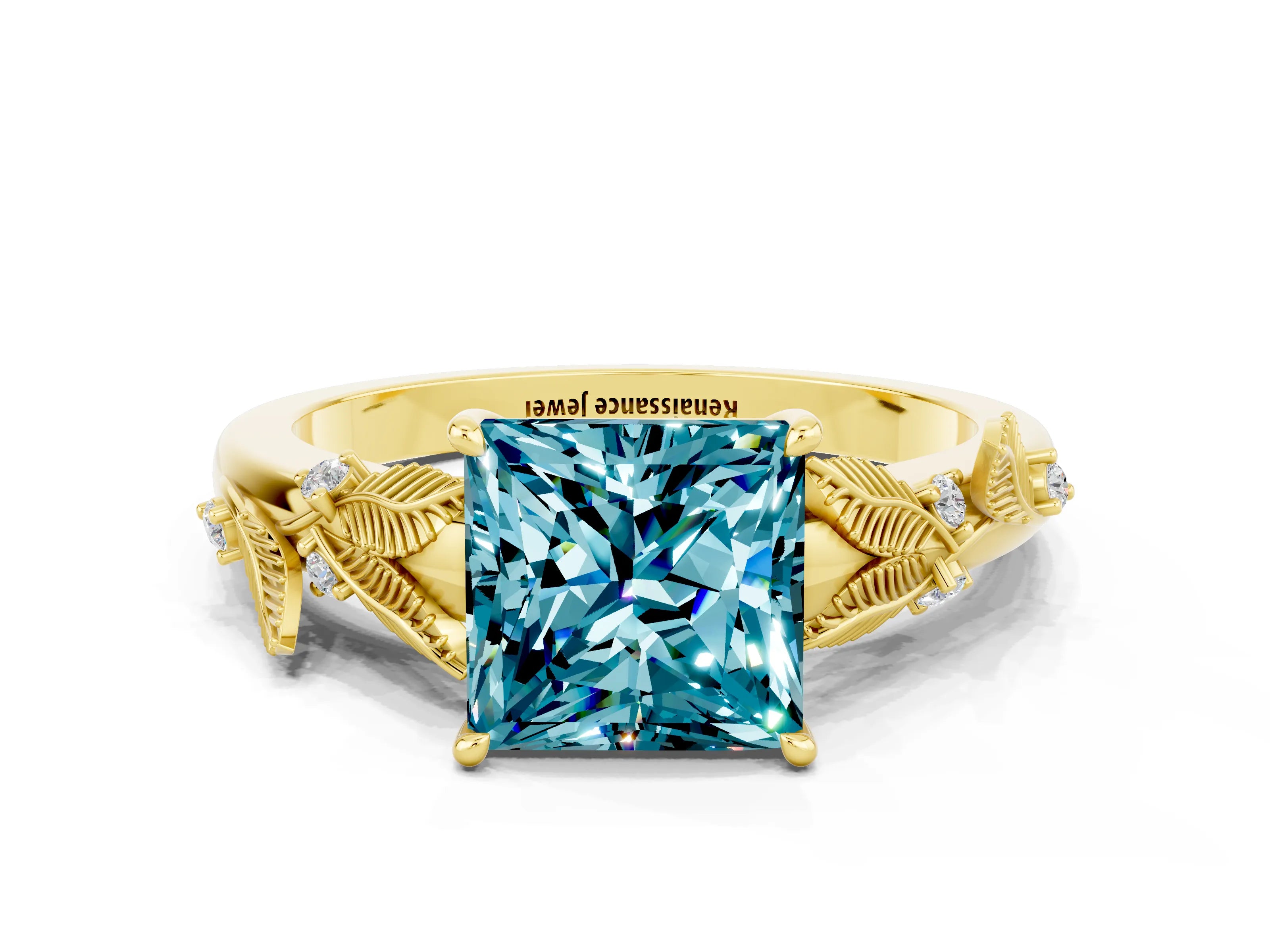 Yellow gold Princess Cut Blue Topaz Solitaire Ring with Leaf Motif Band and Four-Prong Setting