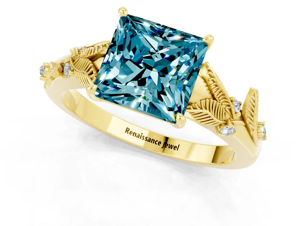 Yellow gold Princess Cut Blue Topaz Solitaire Ring with Leaf Motif Band and Four-Prong Setting