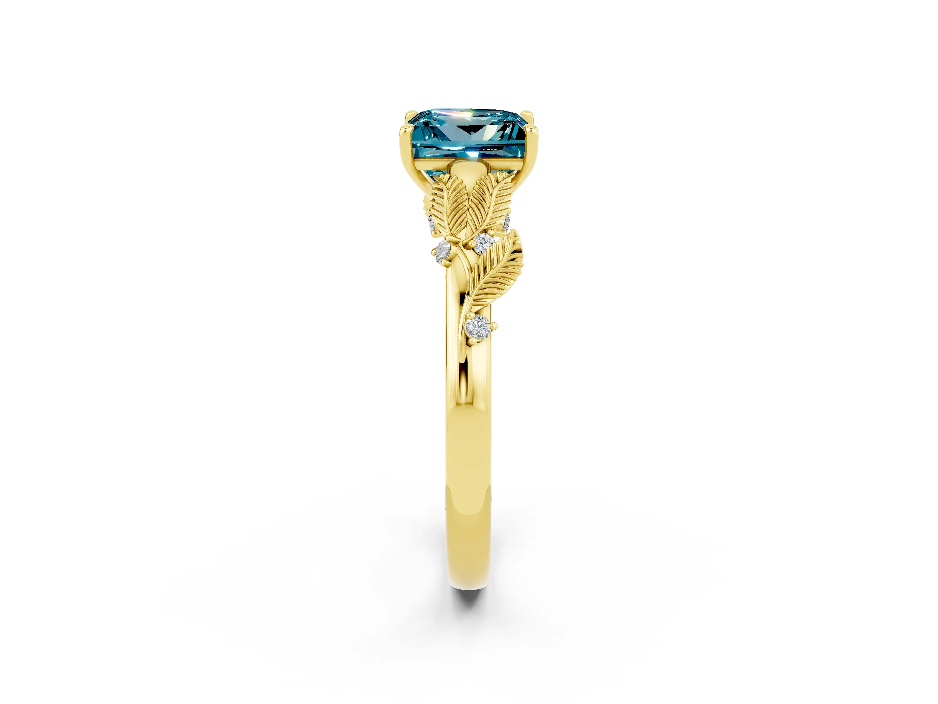 Yellow gold Princess Cut Blue Topaz Solitaire Ring with Leaf Motif Band and Four-Prong Setting_2